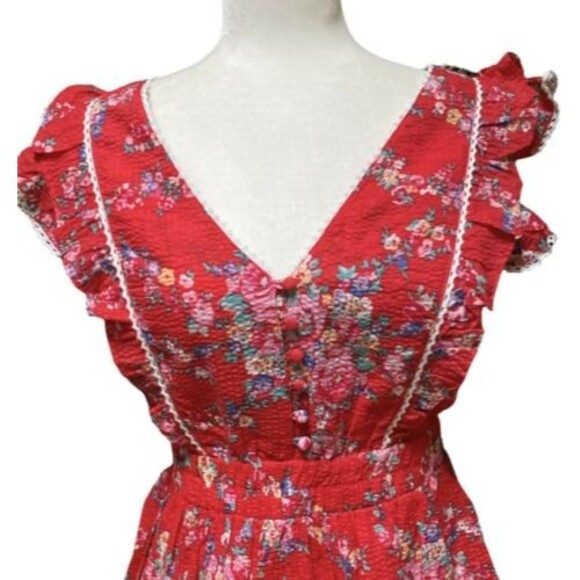 Betsey Johnson Red Floral Ruffle Dress M NWT Cottagecore Seersucker Boho - Picture 5 of 12
